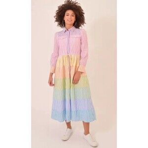 Anthropologie English Factory Maxi Shirt Dress Preppy Collar Button Stripe L NWT
